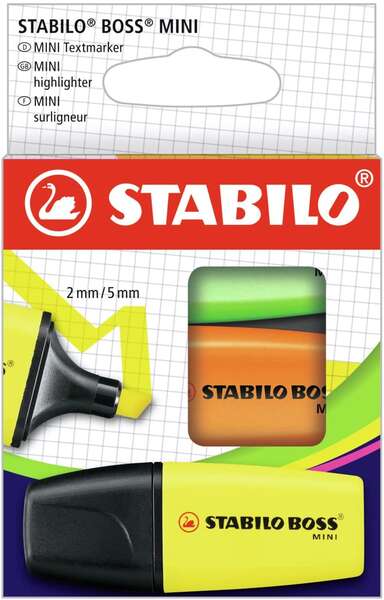 Stabilo Boss Mini Confezione da 3 evidenziatori mini fluorescenti - Tratto da 2 a 5 mm - Inchiostro a base d'acqua - Anti-seccamento - Colori assortiti