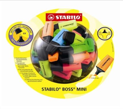 Stabilo Boss Mini Espositore con 50 evidenziatori fluorescenti - Tratto da 2 a 5 mm - Inchiostro a base d'acqua - Anti-seccamento - Colori assortiti