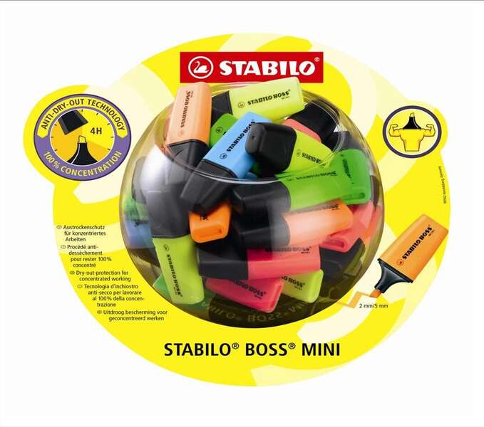 Stabilo Boss Mini Espositore con 50 evidenziatori fluorescenti - Tratto da 2 a 5 mm - Inchiostro a base d'acqua - Anti-seccamento - Colori assortiti