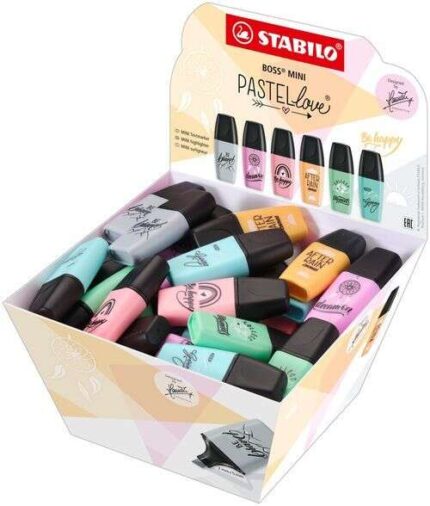 Stabilo Boss Mini Pastellove Espositore con 50 evidenziatori fluorescenti - Tratto da 2 a 5 mm - Inchiostro a base d'acqua - Anti-seccamento - Colori assortiti