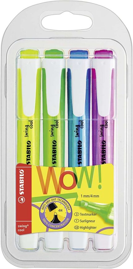 Stabilo Swing Cool Confezione da 4 pennarelli fluorescenti - Corpo piatto - Punta smussata - Tratto tra 1 e 4 mm - Inchiostro a base d'acqua - Antisecante - Colori assortiti