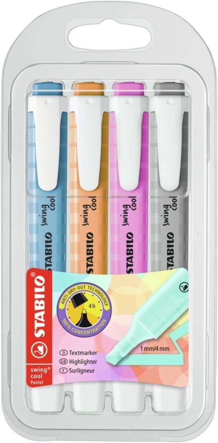 Stabilo Swing Cool Pastel Confezione da 4 pennarelli fluorescenti - Corpo piatto - Punta smussata - Tratto tra 1 e 4 mm - Inchiostro a base d'acqua - Antisecante - Colori assortiti