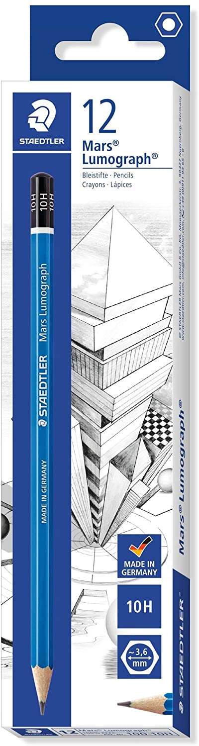 Staedtler Mars Lumograph 100 Matite di grafite esagonali - Miniera 10H - Resistenza alla rottura - Legno proveniente da foreste sostenibili