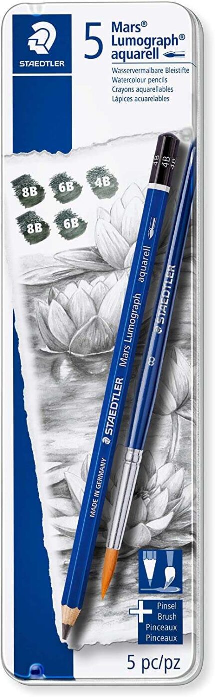 Staedtler Mars Lumograph Aquarell 100A Confezione da 5 matite di grafite + pennello - Resistenza alla rottura - Gradazioni assortite
