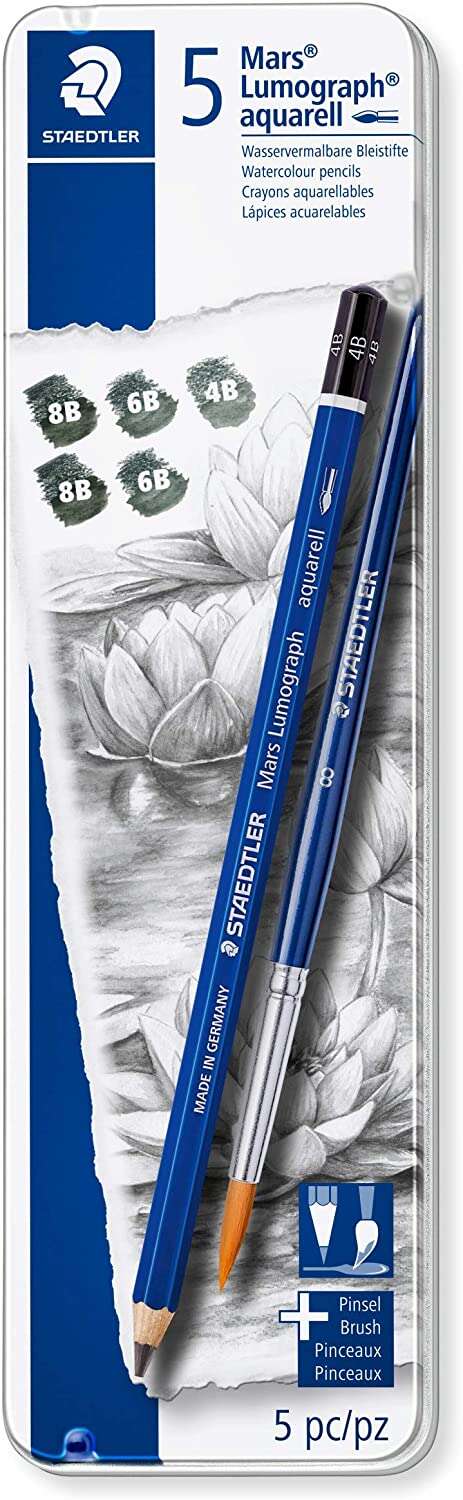 Staedtler Mars Lumograph Aquarell 100A Confezione da 5 matite di grafite + pennello - Resistenza alla rottura - Gradazioni assortite