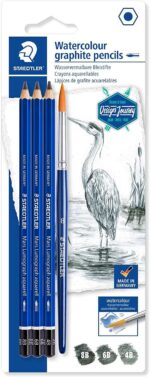 Staedtler Mars Lumograph Aquarell 100A Confezione da 3 matite di grafite + pennello - Resistenza alla rottura - Durezze assortite