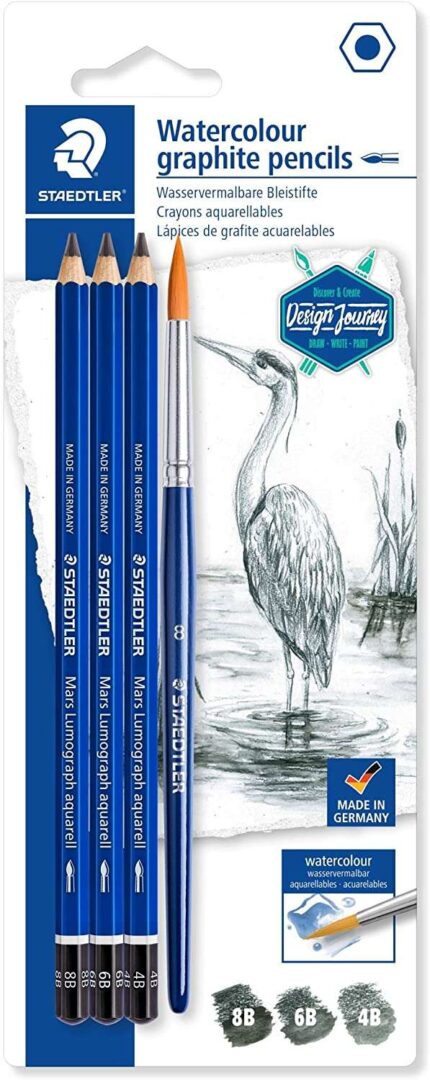 Staedtler Mars Lumograph Aquarell 100A Confezione da 3 matite di grafite + pennello - Resistenza alla rottura - Durezze assortite