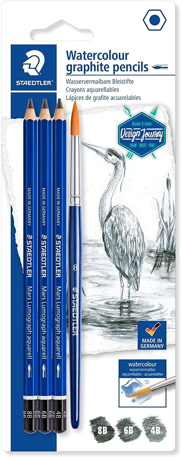 Staedtler Mars Lumograph Aquarell 100A Confezione da 3 matite di grafite + pennello - Resistenza alla rottura - Durezze assortite