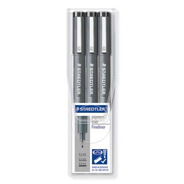 Staedtler Pigment Liner 308 Confezione da 3 pennarelli a punta fine - Punta lunga - Asciugatura rapida - Colore nero