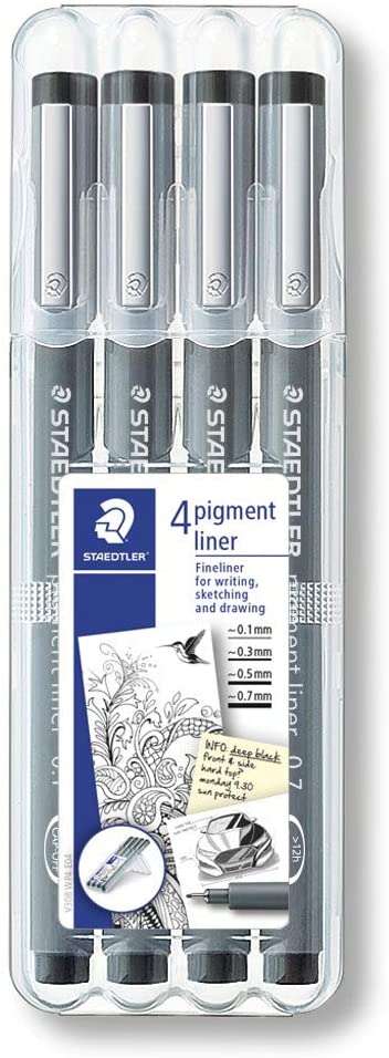 Staedtler Pigment Liner 308 Confezione da 4 pennarelli a punta fine - Punta lunga - Asciugatura rapida - Colore nero
