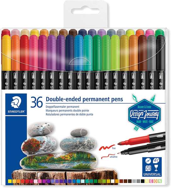 Staedtler 3187 Confezione da 36 pennarelli permanenti a doppia punta - Resistenti all'acqua - Asciugatura rapida - Colori assortiti