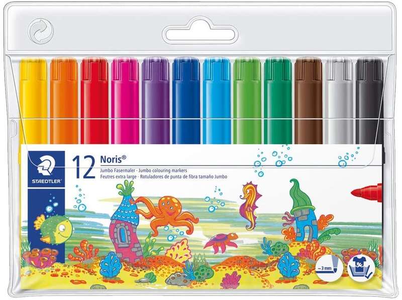 Staedtler Noris 340 Confezione da 12 pennarelli di grandi dimensioni - Tratto di circa 3 mm - Facilmente lavabili - Inchiostro a base d'acqua - Colori assortiti