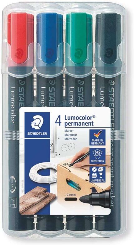 Staedtler Lumocolor 352 Confezione da 4 pennarelli indelebili - Asciugatura rapida - Pratico astuccio da tavolo - Colori rosso