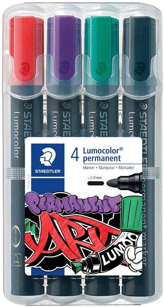 Staedtler Lumocolor 352 Confezione da 4 pennarelli indelebili - Asciugatura rapida - Pratico astuccio da tavolo - Colori: rosso