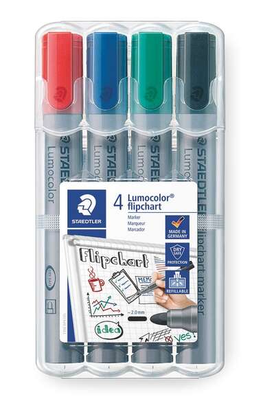 Staedtler Lumocolor Flipchart 356 Confezione da 4 pennarelli permanenti - Inchiostro a base d'acqua - Colori assortiti