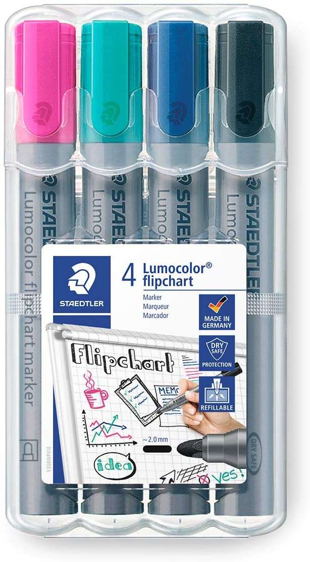 Staedtler Lumocolor Flipchart 356 Confezione da 4 pennarelli permanenti - Inchiostro a base d'acqua - Colori assortiti Staedtler Lumocolor Flipchart 356 Confezione da 4 pennarelli permanenti - Inchiostro a base d'acqua - Colori assortiti