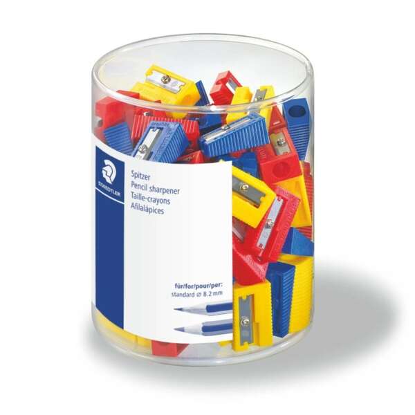 Staedtler Confezione da 100 temperamatite in plastica - 1 foro - Angolo di affilatura di 23° - Colori assortiti