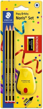 Staedtler Noris 120 Confezione da 3 matite esagonali in grafite + gomma + temperino - Mina HB ultra resistente da 2 mm - Legno proveniente da foreste sostenibili