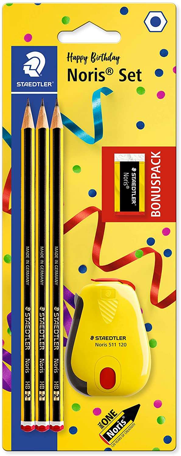 Staedtler Noris 120 Confezione da 3 matite esagonali in grafite + gomma + temperino - Mina HB ultra resistente da 2 mm - Legno proveniente da foreste sostenibili Staedtler Noris 120 Confezione da 3 matite esagonali in grafite + gomma + temperino - Mina HB ultra resistente da 2 mm - Legno proveniente da foreste sostenibili