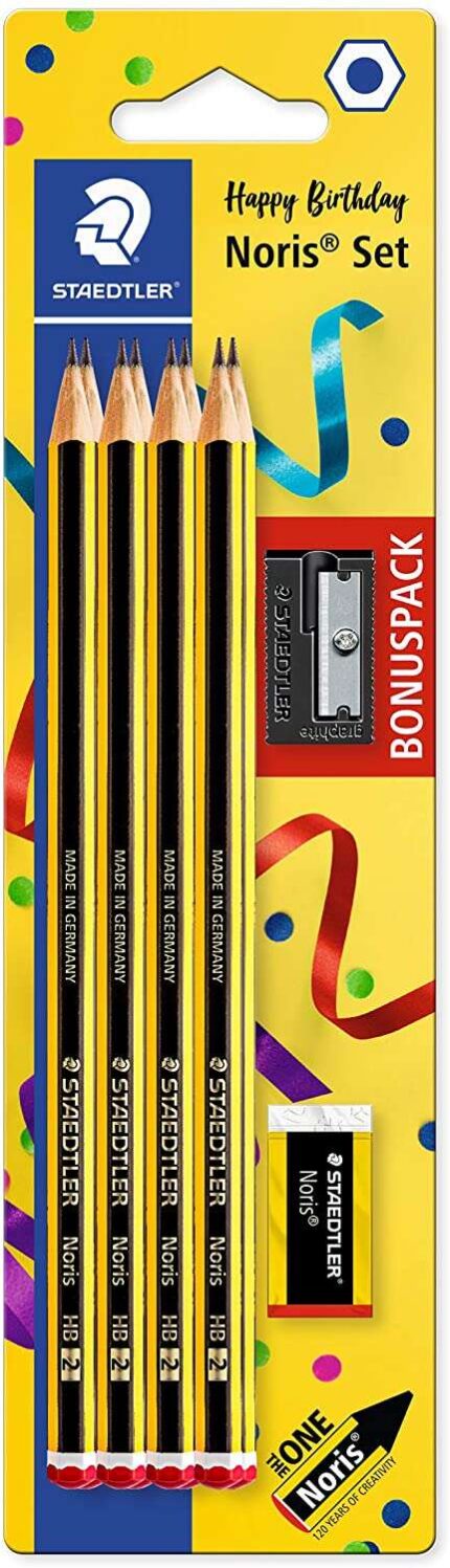 Staedtler Noris 120 Confezione da 8 matite di grafite esagonali + gomma + temperino - Miniera HB ultra resistente da 2 mm - Legno proveniente da foreste sostenibili