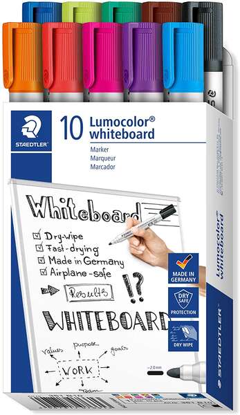 Staedtler Lumocolor 351 Confezione da 10 pennarelli per lavagna bianca - Punta da 2 mm circa - Asciugatura rapida - Colori assortiti