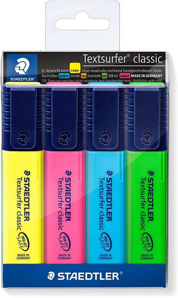 Staedtler Textsurfer Classic 364 Confezione da 4 evidenziatori fluorescenti - Asciugatura rapida - Tratto 1 - 5 mm circa - Colori assortiti