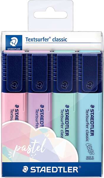 Staedtler Textsurfer Classic 364 Confezione da 4 pennarelli fluorescenti - Asciugatura rapida - Tratto 1 - 5 mm circa - Colori pastello assortiti