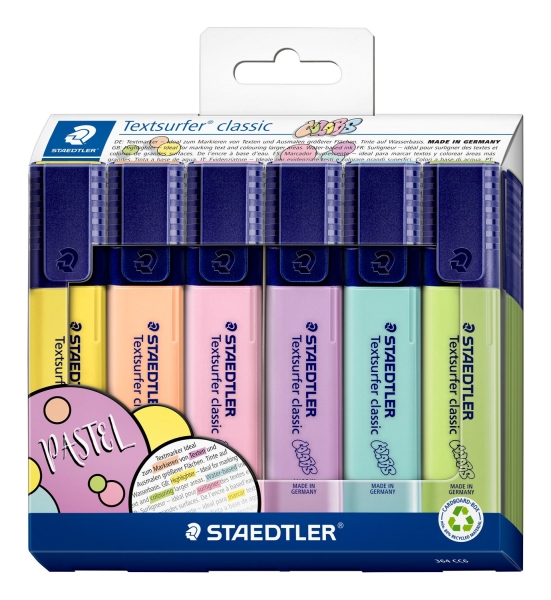 Staedtler Textsurfer Classic 364 Pastel Confezione da 6 pennarelli fluorescenti - Asciugatura rapida - Tratto 1 - 5 mm circa - Colori pastello assortiti