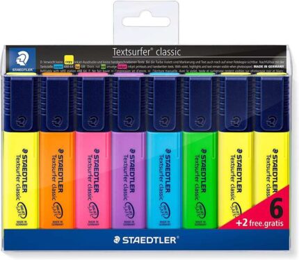 Staedtler Textsurfer Classic 364 Confezione da 8 evidenziatori fluorescenti - Punta smussata 1 - 5 mm circa - Asciugatura rapida - Colori assortiti