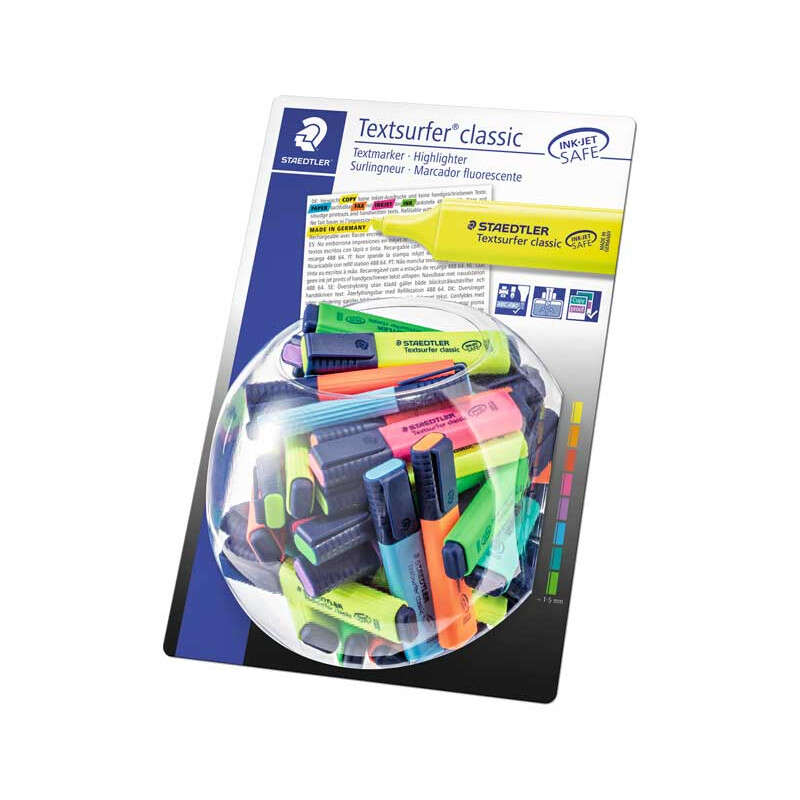 Staedtler Textsurfer Classic 364 Espositore da 100 evidenziatori - Punta smussata 1 - 5 mm circa - Asciugatura rapida - Colori assortiti