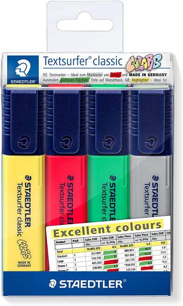 Staedtler Textsurfer Classic 364 Confezione da 4 evidenziatori fluorescenti - Punta smussata 1 - 5 mm circa - Asciugatura rapida - Colori assortiti