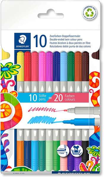 Staedtler Noris 3280 Confezione da 10 pennarelli a doppia punta - Tratti da 1 mm e 3 mm circa - Colori assortiti
