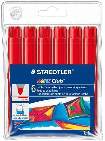 Staedtler Noris Watercolour 340 Confezione da 6 pennarelli di grandi dimensioni - Tratto di circa 3 mm - Facilmente lavabile - Inchiostro a base d'acqua - Colore rosso