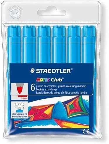 Staedtler Noris Watercolour 340 Confezione da 6 pennarelli di grandi dimensioni - Tratto di circa 3 mm - Facilmente lavabili - Inchiostro a base d'acqua - Colore blu chiaro