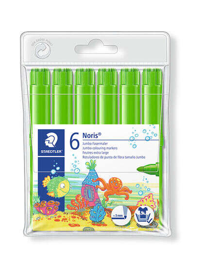 Staedtler Noris Watercolour 340 Confezione da 6 pennarelli di grandi dimensioni - Tratto di circa 3 mm - Facilmente lavabili - Inchiostro a base d'acqua - Colore verde chiaro