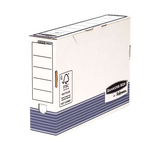 Fellowes Bankers Box Scatola per archiviazione definitiva 80 mm Folio - Montaggio Fastfold - Cartone con certificazione FSC - Dimensioni interne 80 x 360 x 255 mm - Colore bianco/blu