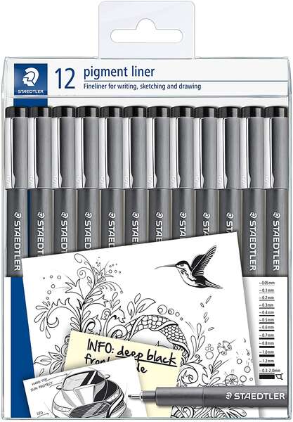 Staedtler Pigment Liner 308 Confezione da 12 pennarelli calibrati - Punte di diverse dimensioni - Colore nero