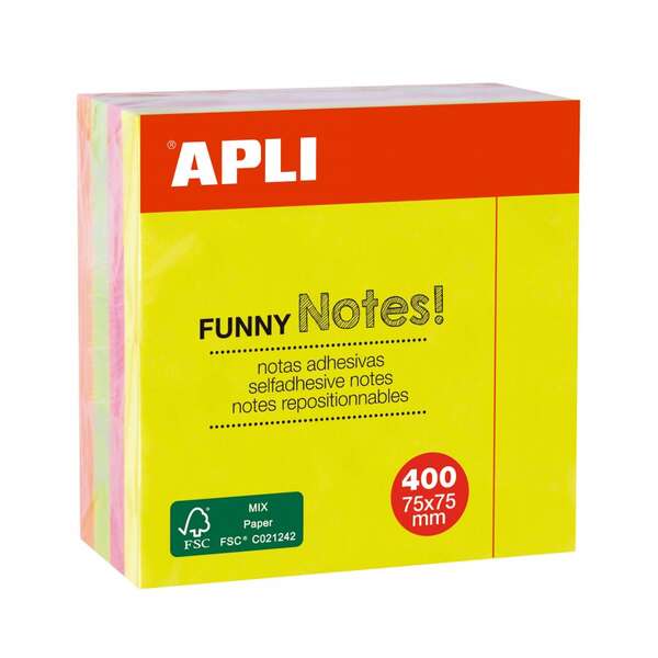 Apli Funny Cubo da 400 foglietti adesivi 75 x 75 mm - Colori assortiti fluorescenti