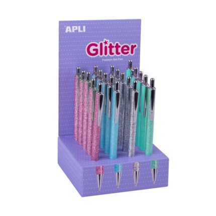 Apli Glitter Espositore da 20 penne a sfera in metallo - Inchiostro a base di olio - Asciugatura rapida - Punta da 1 mm - Colori assortiti