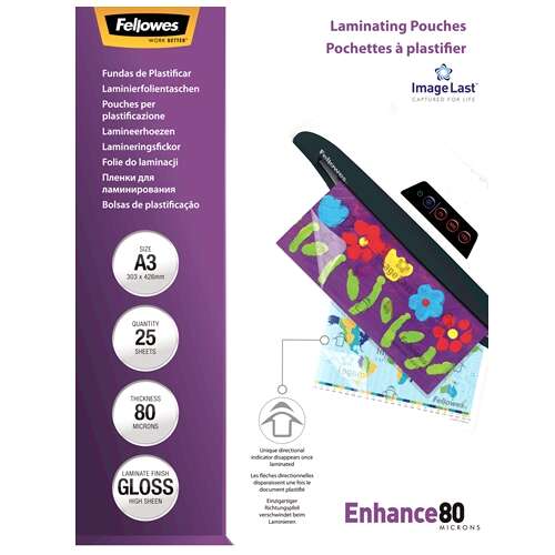 Fellowes Confezione da 25 buste per plastificazione lucida A3 - 80 micron - Alta qualità - Trasparente