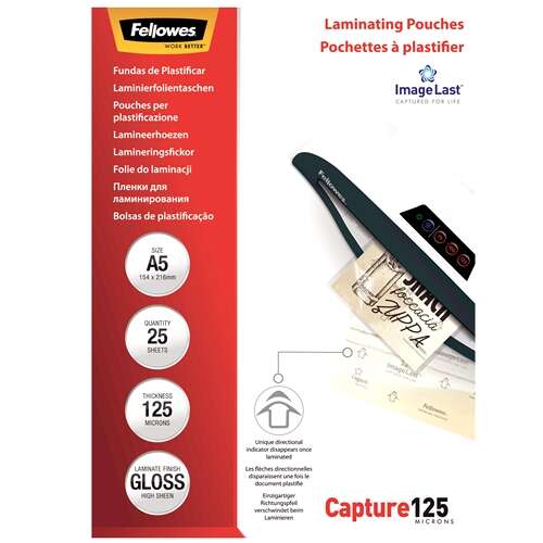 Fellowes Confezione da 25 buste per plastificazione lucida A5 - 125 micron - Alta qualità - Trasparente