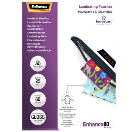 Fellowes Confezione da 25 buste per plastificazione lucida A5 - 80 micron - Alta qualità - Trasparenti