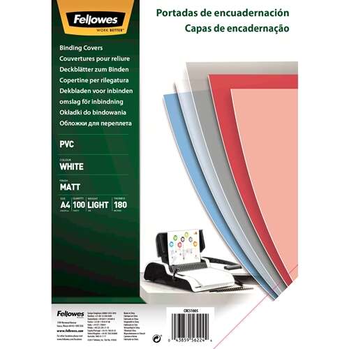 Fellowes Confezione da 100 copertine per rilegatura in PVC A4 - 180 micron - Alta qualità - Colore bianco