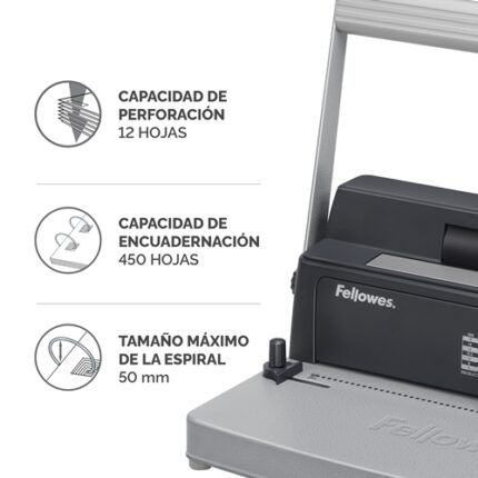 Fellowes Metal 50R Rilegatrice manuale a spirale metallica A4 - Perforazione fino a 12 fogli - Rilegatura fino a 450 fogli - Passo della spirale 5:1 - Pinze incluse