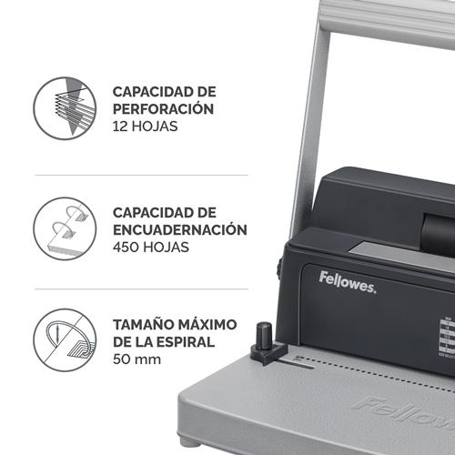 Fellowes Metal 50R Rilegatrice manuale a spirale metallica A4 - Perforazione fino a 12 fogli - Rilegatura fino a 450 fogli - Passo della spirale 5:1 - Pinze incluse