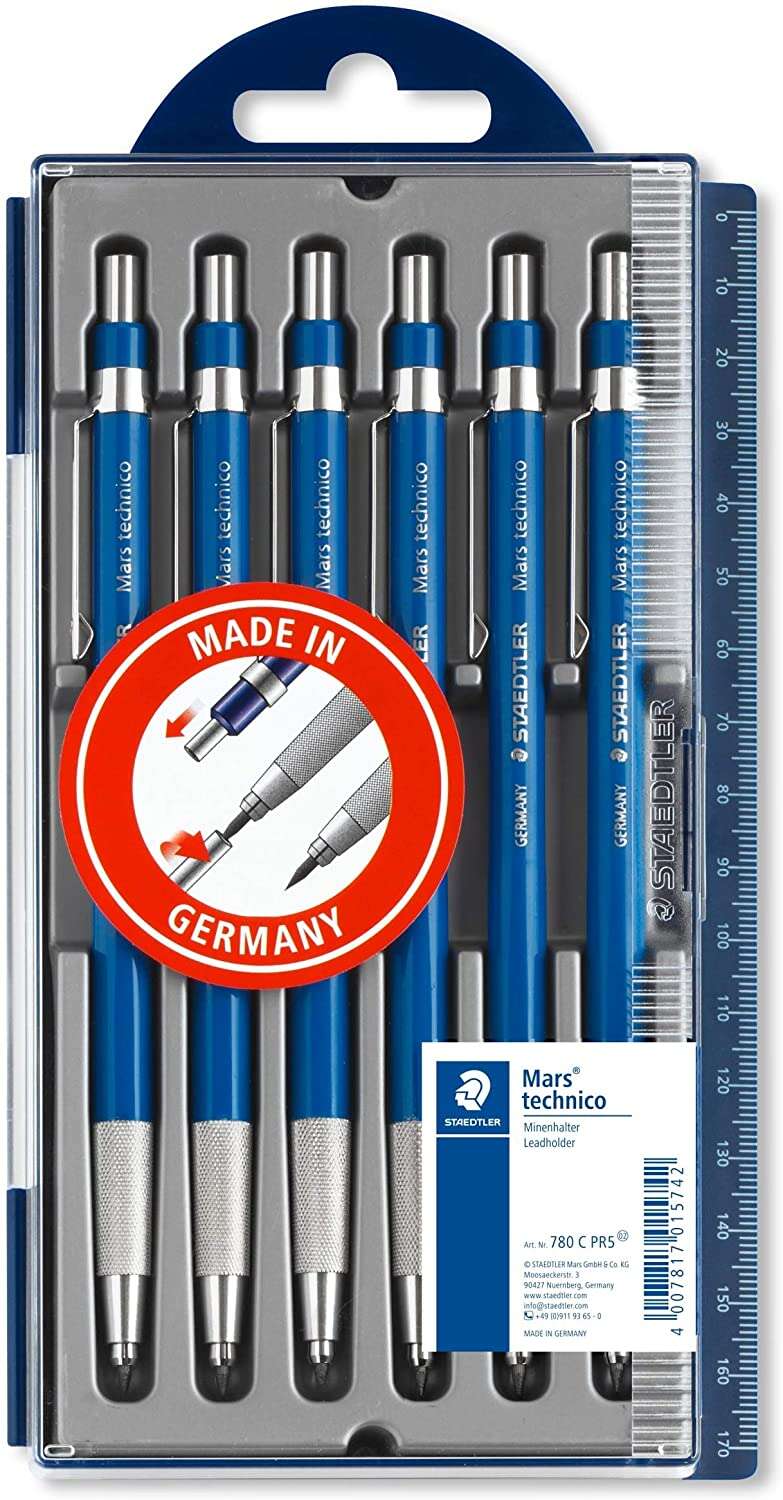 Staedtler Mars Technico 780 Confezione da 6 portamine tecnici - Minuta da 2 mm - Impugnatura in metallo - Temperino integrato nel manico