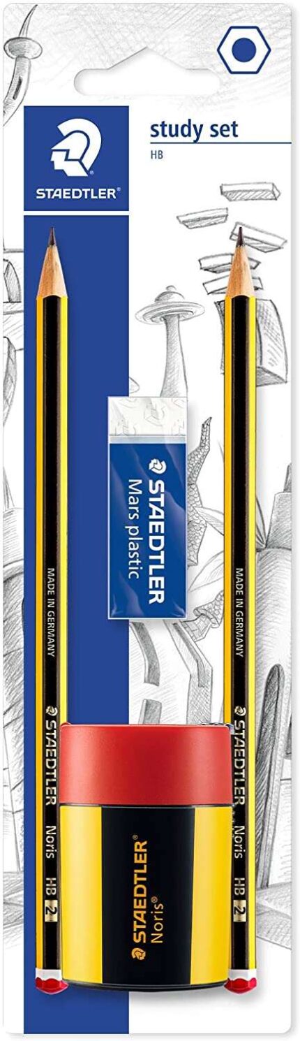 Staedtler 120 Confezione da 2 matite di grafite 2HB esagonali + 1 temperino con contenitore + 1 gomma Mars Plastic - Legno proveniente da foreste sostenibili - Resistenza alla rottura