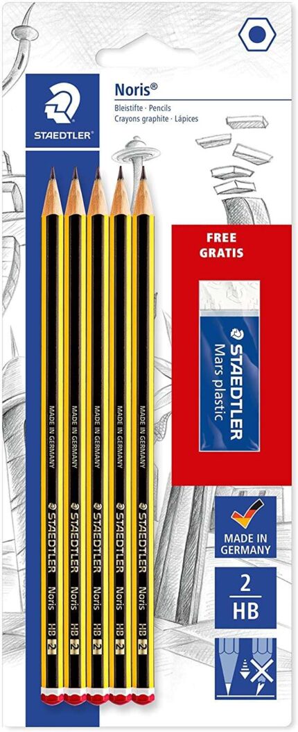 Staedtler Noris 120 Confezione da 5 matite esagonali in grafite 2HB + 1 gomma Mars Plastic - Legno proveniente da foreste sostenibili