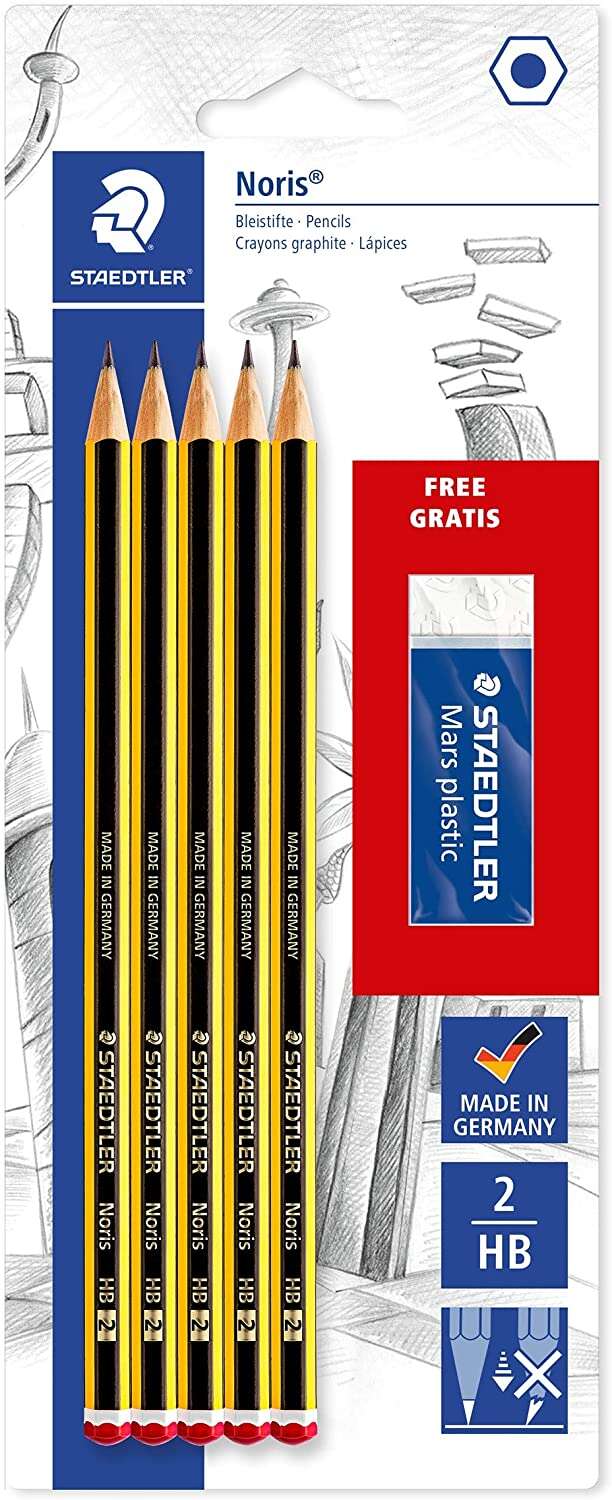 Staedtler Noris 120 Confezione da 5 matite esagonali in grafite 2HB + 1 gomma Mars Plastic - Legno proveniente da foreste sostenibili