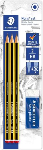 Staedtler Noris 120 Confezione da 3 matite esagonali in grafite 2HB + 1 gomma Mars Plastic - Legno proveniente da foreste sostenibili